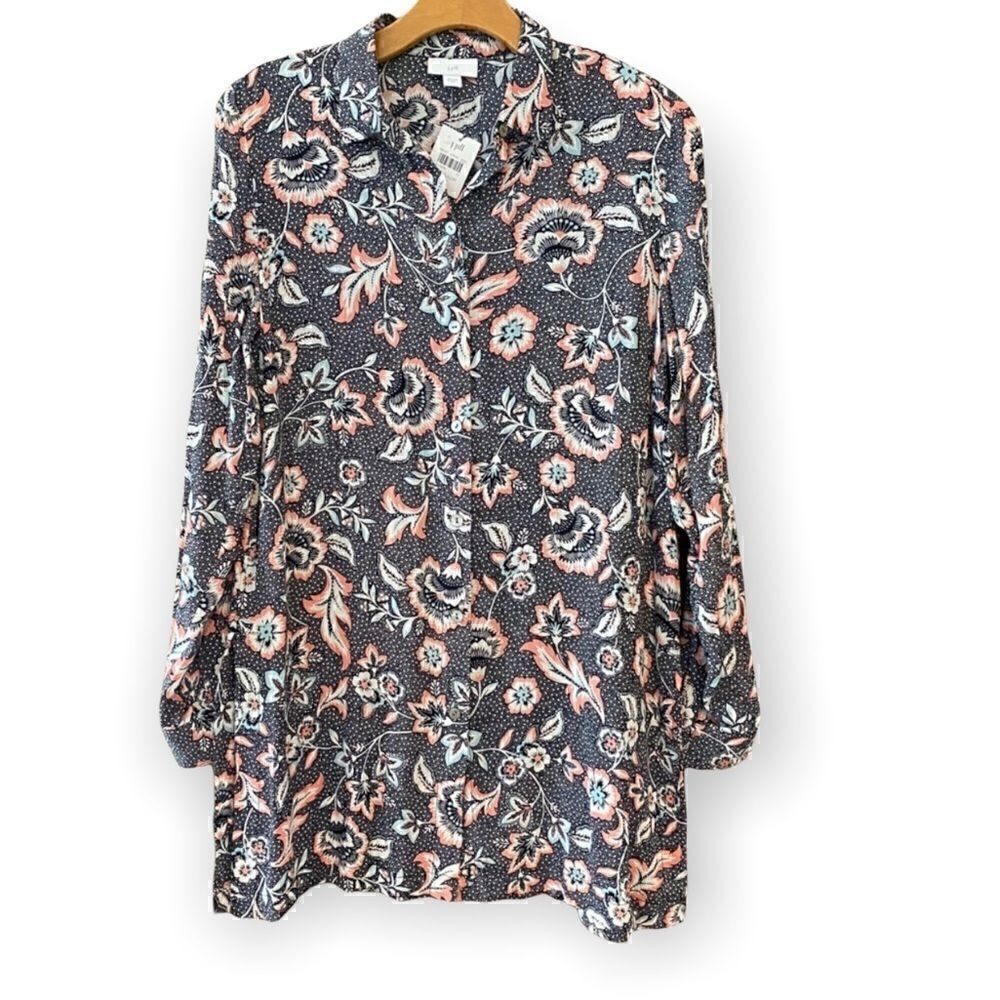 J. Jill XS NWT Sheer Black Floral Button Rayon Flowy Relaxed Tunic